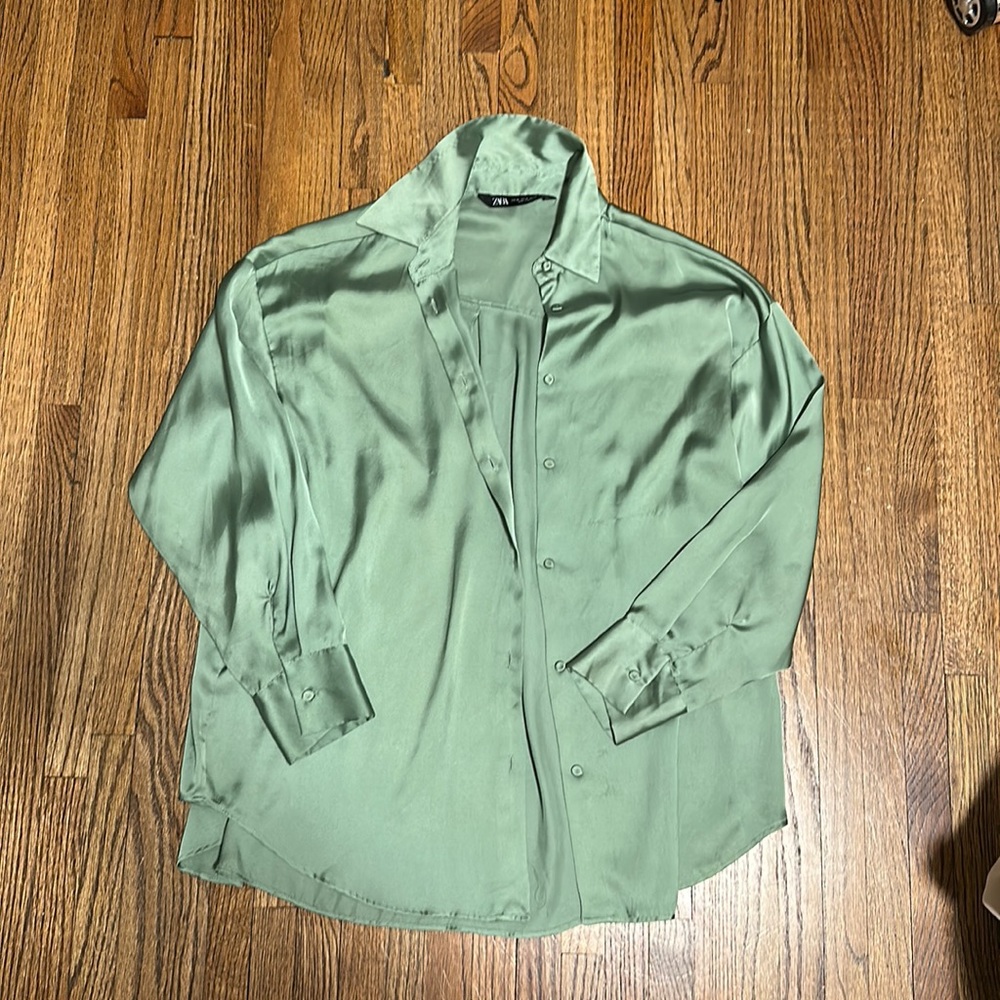 Green Zara satin button down